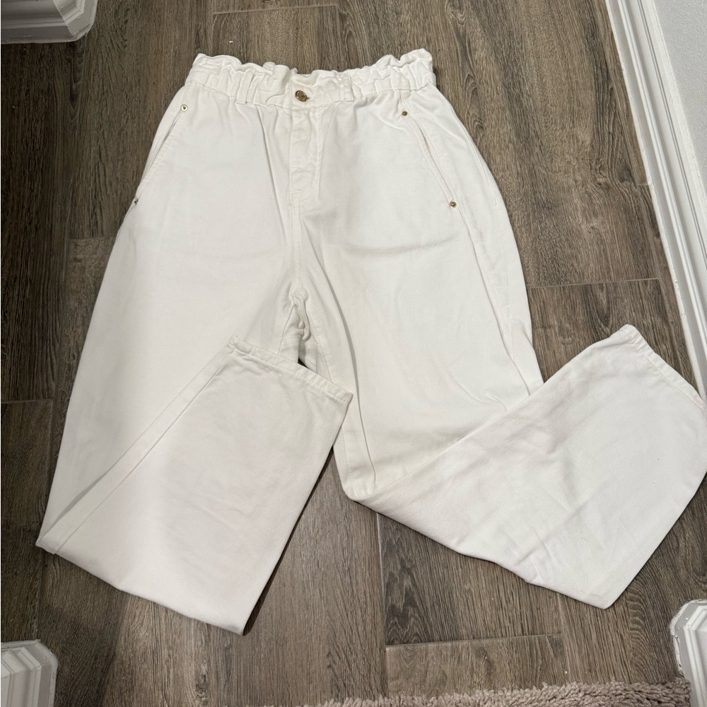 Zara White Cinched Paper-bag Elastic High Waist Trouser Jeans Size 6